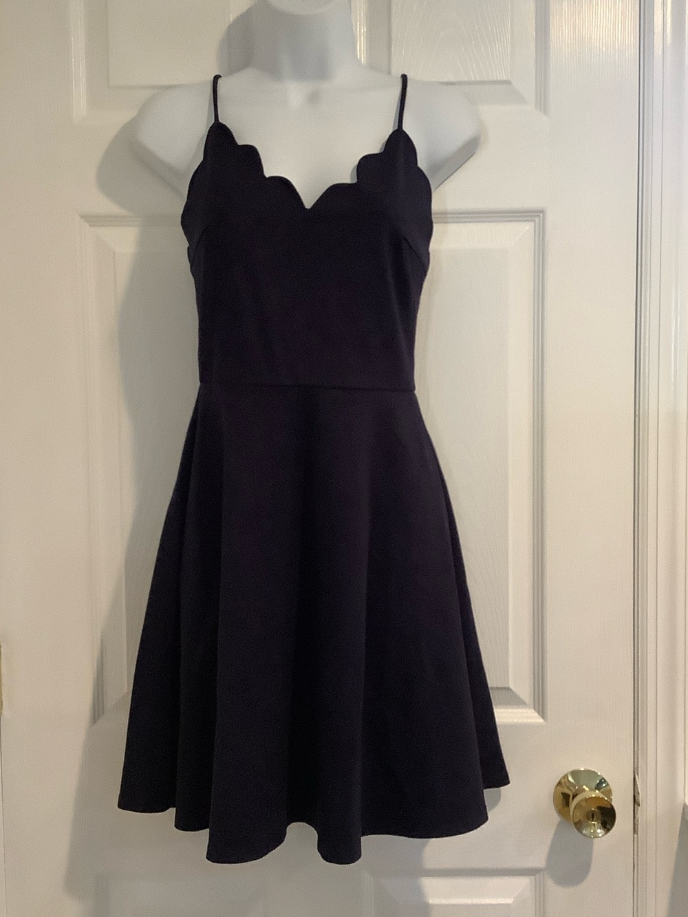 AQUA Navy Blue Scalloped Nautical Stretchy Summer Wedding Guest Mini Dress S